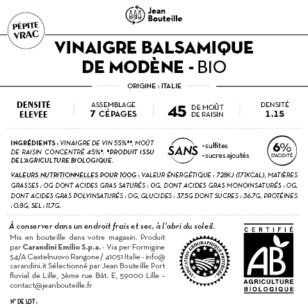 Vinaigre balsamique de Modène bio (densité 1.15) contre étiquette - Lot de 50